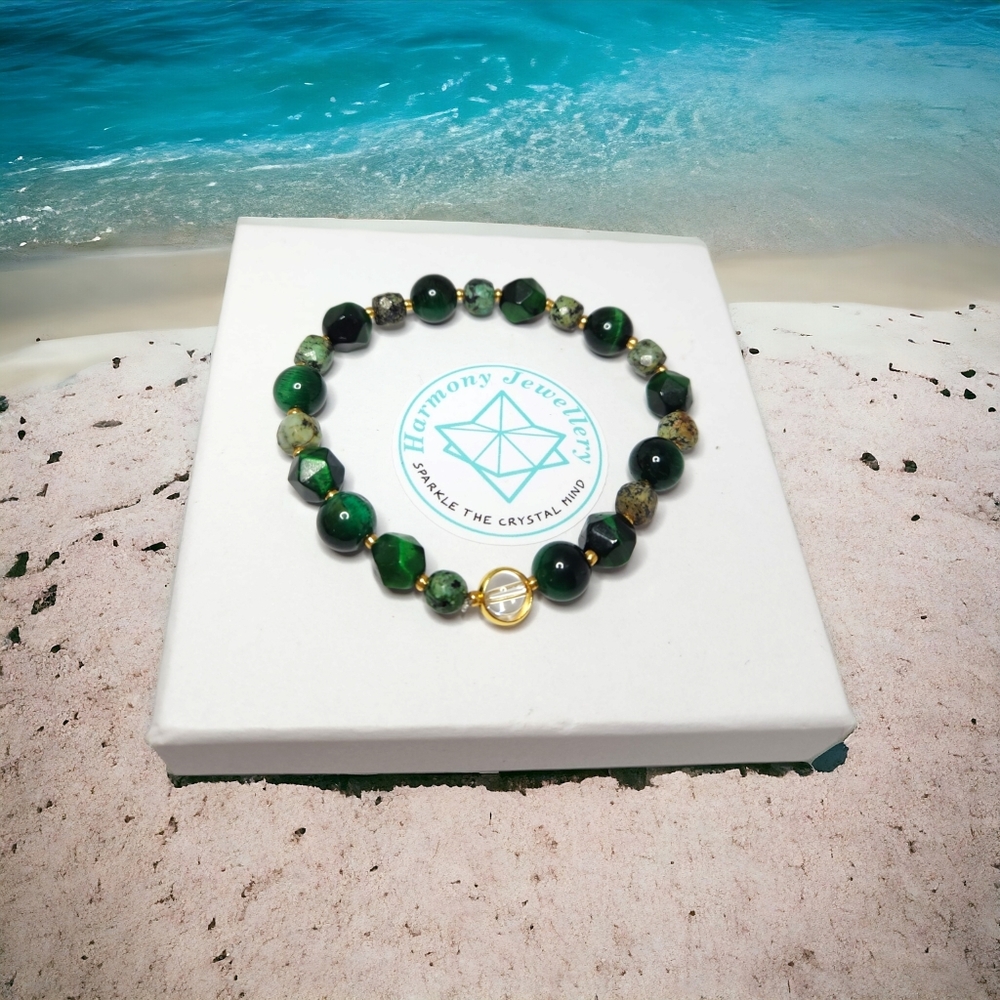 8 mm Green Tiger Eye and 6 mm Ruby Zoisite bracelet